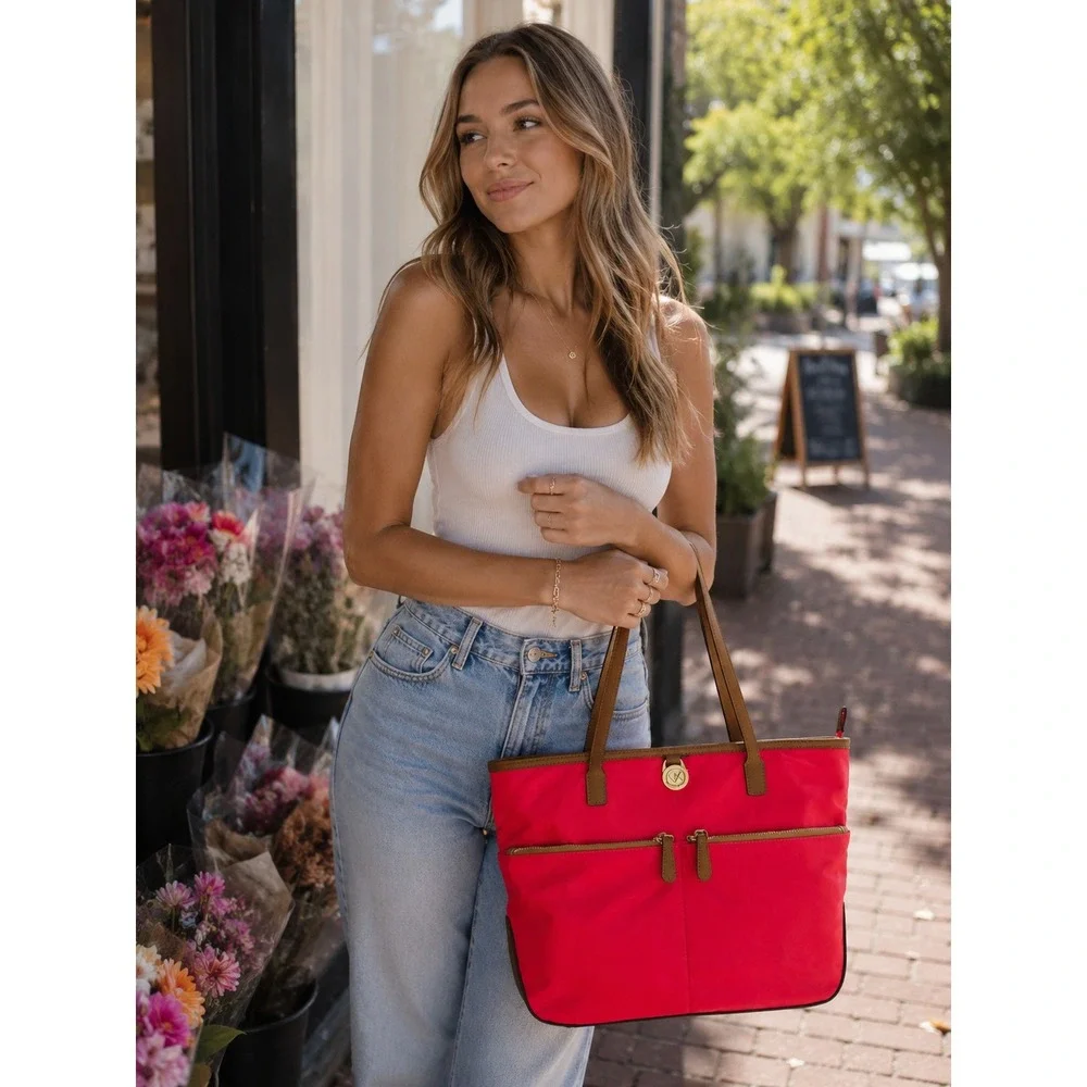 Michael Kors Polly Tote Bag Watermelon Coral Red Nylon Tan Leather Trim
